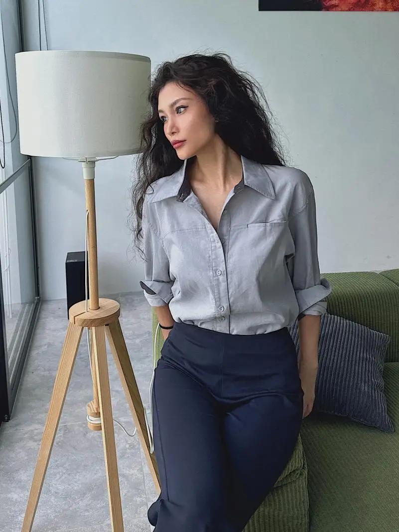 

Retro Sle Long Sve Cotton irt Clean Simple Invisible ket Button up Denim irt ey Blue Women's Faion Straight Cut