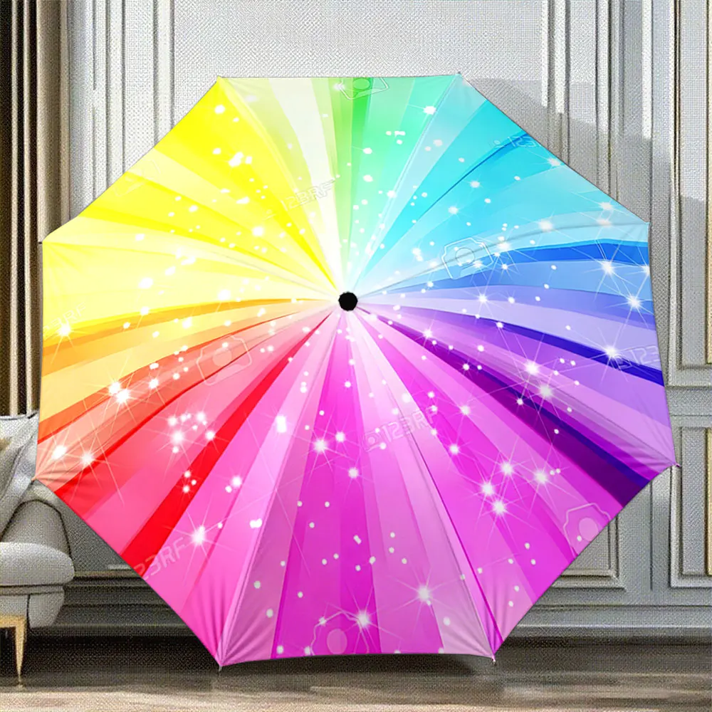 Colorful Gradient Rainbow Pattern with Sparkling Stars portable waterproof sun rain umbrella for outdoor travel beach