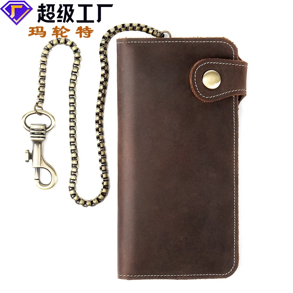 New chain crazy horse leather coin purse, genuine leather men's handheld chain wallet with multiple card slots