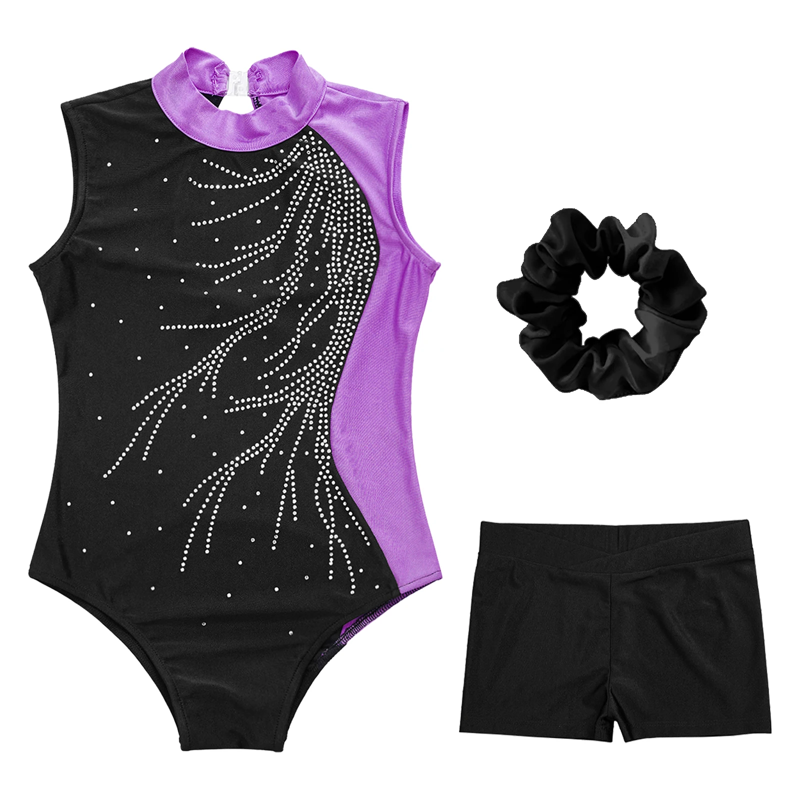 Sequin Girls Ballet Dance Set Shiny Rhinestones Leotard with Shorts And Hair Tie Headband for Gymnastics Performance Competition