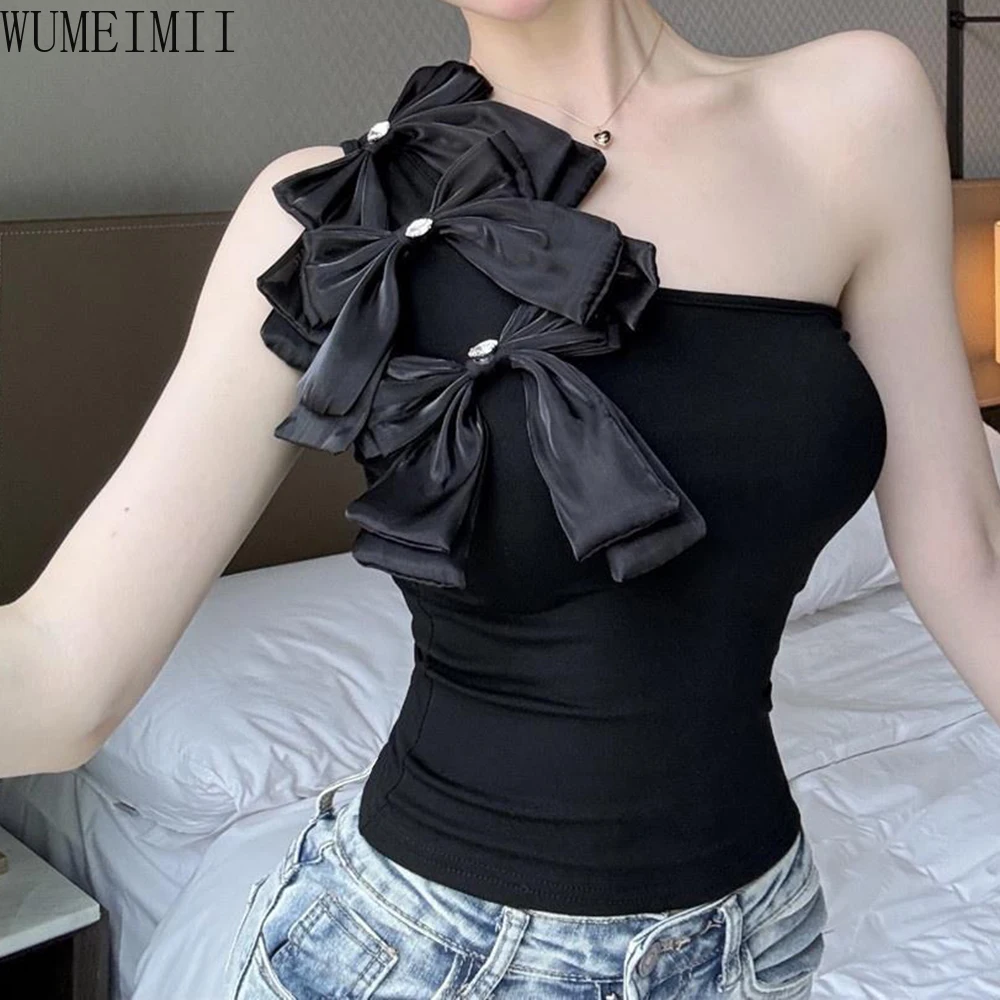 

Pure desire wind slanted shoulder tube top summer new super bow off the shoulder slim temperament short vest women