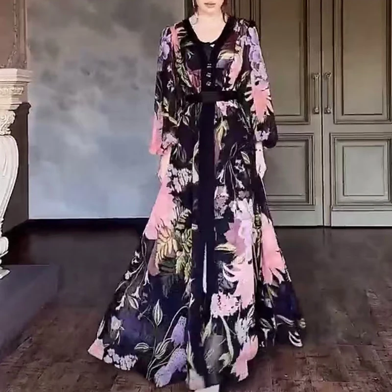 Elegant Floral Print Long Sleeve Bohemian Dress Women Elegant V-Neck High Waist Maxi Dress Fashion Big Swing A-line Party Dress