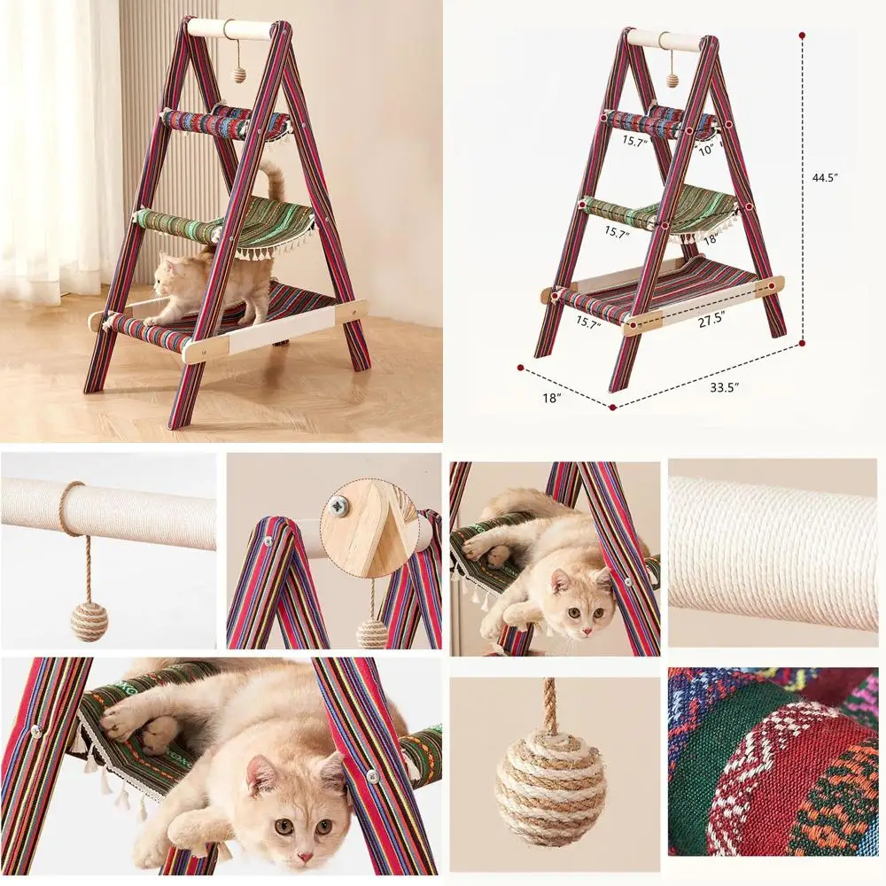 

Multi-Level Modern Boho Style Wooden Cat Tree with Ladder, Hammock, and Scratching Post for Large Cats