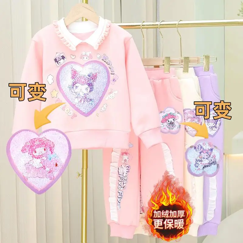 

Sanrio Girl Casual Thickening Sweatsuit Set Kuromi Kawaii Anime Fashion Winter Student T-Shirt 2-Piece Set Children Clothing New