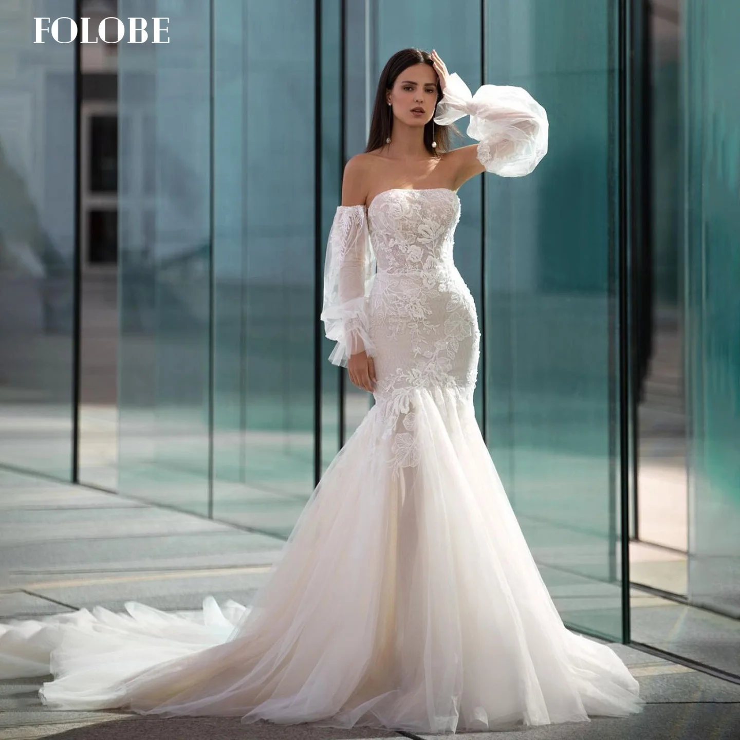 FOLOBE blanc bretelles sirène avec dentelle élégante sans manches robes de mariée balayage Train robe de mariée vestidos de noche personnalisé