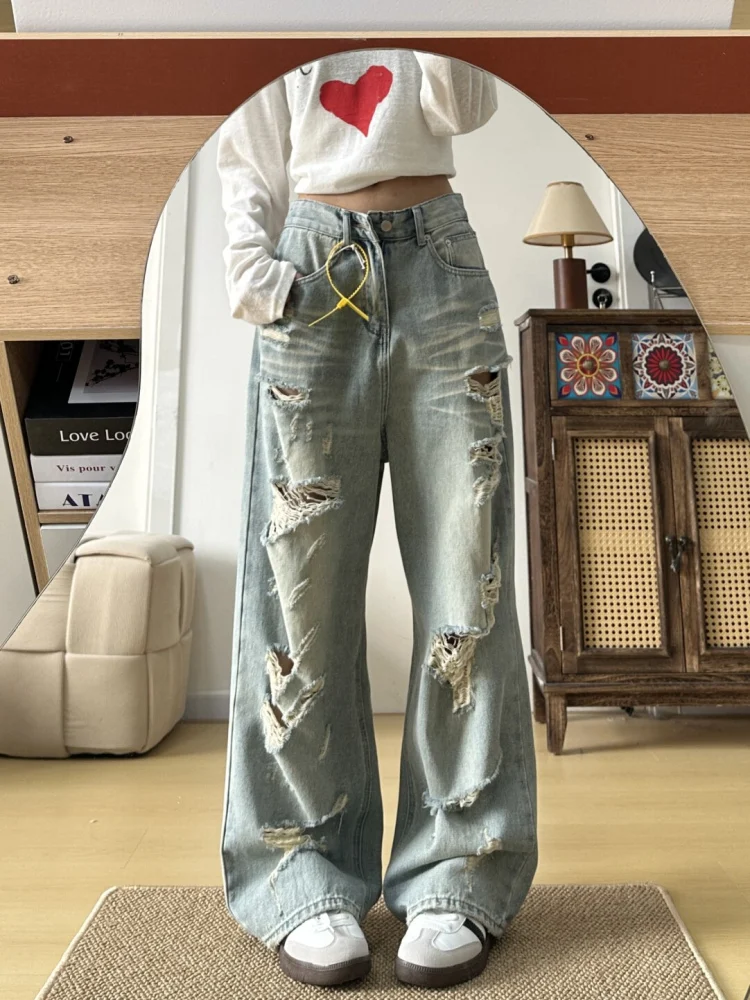 

Retro American Distred High Waist Wide Leg Jeans Women's Summer Slimming Straight Cut Trousers Casual Sle Autumn Wear