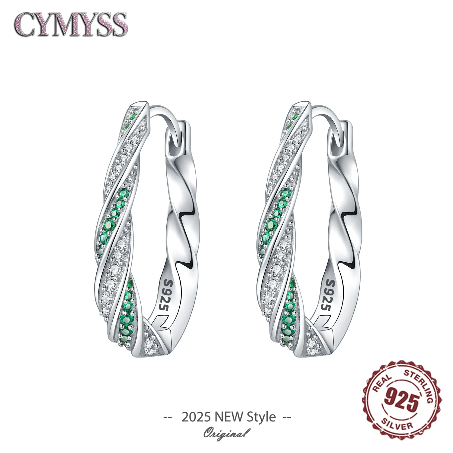 

Original S925 Sterling Silver Needle Green Zircon Twist Earrings Versatile Hoop For Women Jewelry Birthday Party Fine Gifts