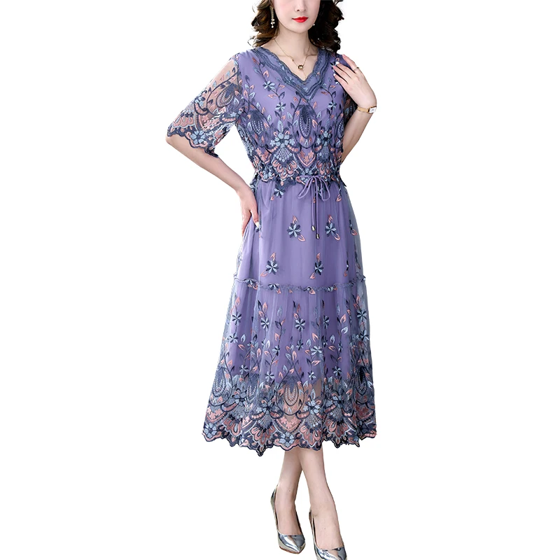 Imagem -05 - Bordado Feminino Malha de Seda Natural Vestido Floral Midi Elegante e Luxuoso Robe de Festa Verão Primavera Moda Coreana Sexy Primavera 2023