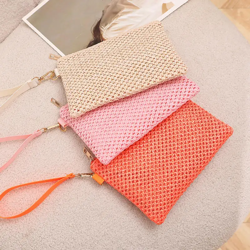 

Модная тканая сумка, женский клатч на запястье, женский повседневный клатч для денег, телефона, однотонный соломенный тканый кошелек для монет, пляжный кошелек, держатель для карт ﻿