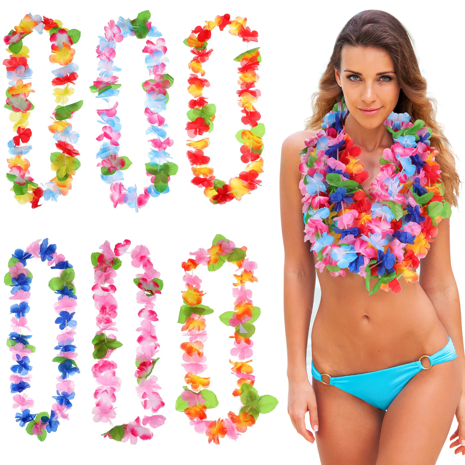 6 Pcs Hawaii Flowers Necklace Lightweight Colorful Artificial Garland for Luau Gathering Hawaiian Themed Events