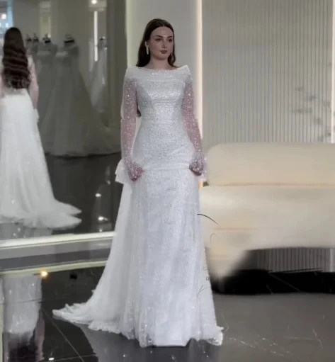 

OLOEY Элегантные свадебные платья с вырезом лодочкой и А-образным силуэтом, кружевные, длиной до пола, с длинными рукавами, 2026