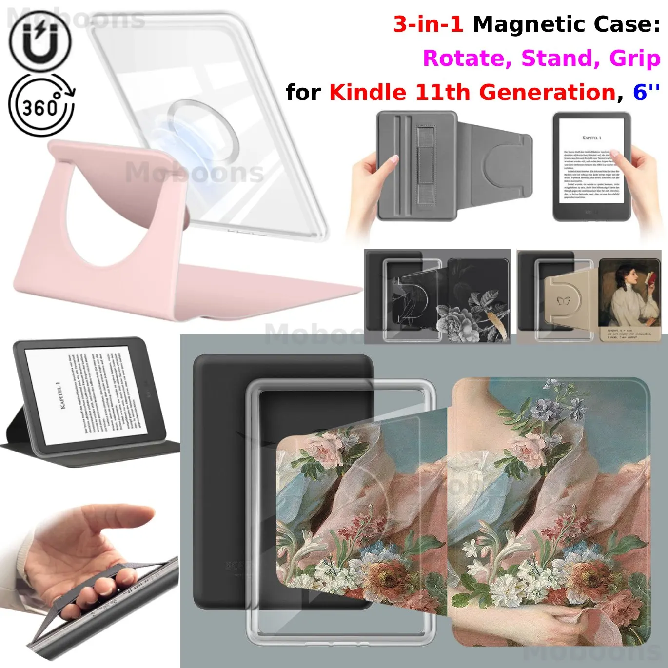 

Магнитный чехол для Kindle 11-го поколения, 6 дюймов, 3-в-1, с отсоединяемой подставкой и ремешком для руки, RS23CV C2V2L3 360 ° Вращающийся чехол