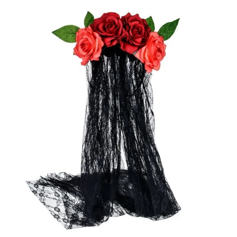 Halloween Cosplay Accessories Mexican Rose Flower Crown Headband Veil Gothic Headband for Women Men Party Cosplay