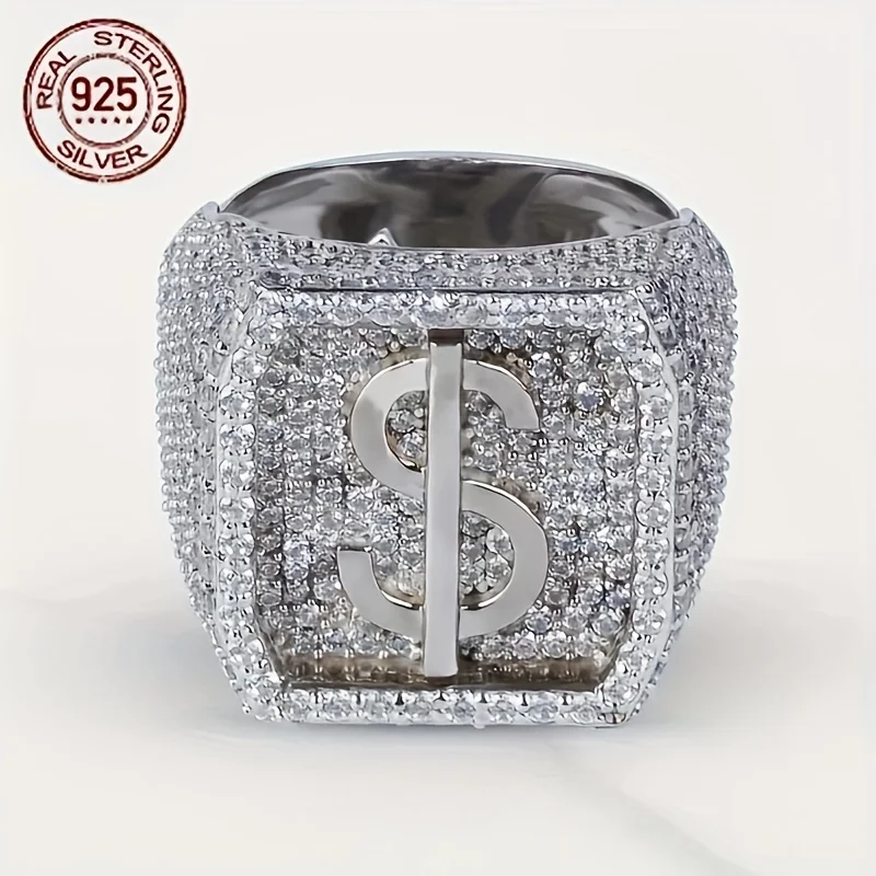2026 New Men's Geometric Carving Dollar Symbol 925 Silver Rings Platinum Plated Hip Hop Punk Rapper Ring Jewelry Gift