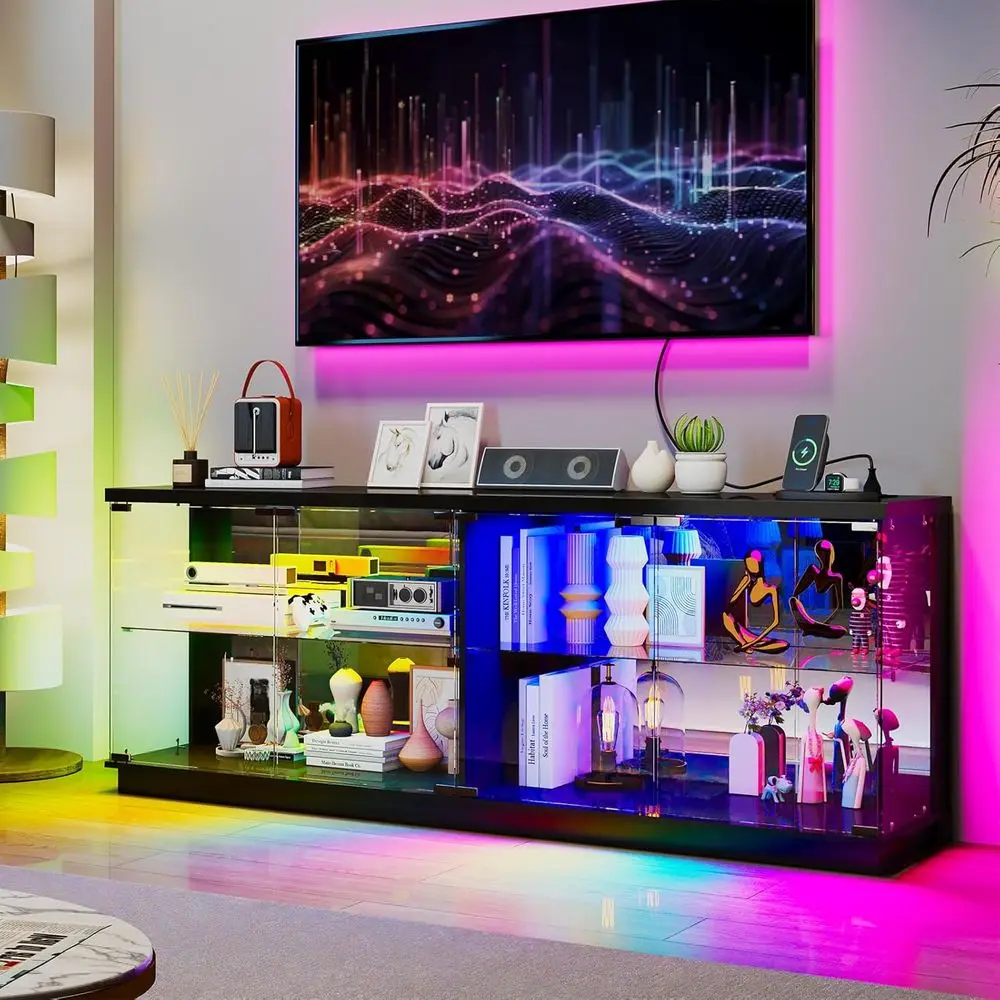 

71 Glass TV Stand with Charging, RGB Lights, AC & USB-C Ports, Modern Entertainment Center for Living/Bedroom (Black)