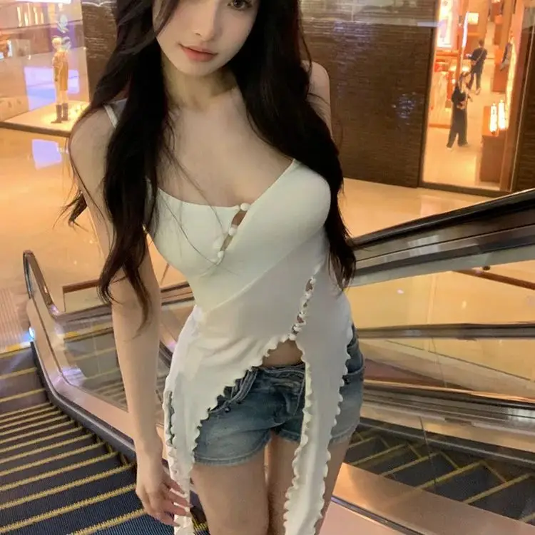 Sleeveless Ruffles Tops 2025 irregular outerwear camisole women's slim hot girl top floral skinny irregular tops