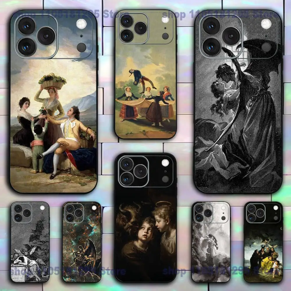 Funda de Silicona para iPhone 17,16,15,14,13,12,11,Pro,X,XS,Max,XR,Plus,Mini, Diseño de Arte de Francisco Goya, España, Negra, Antigolpes, TPU