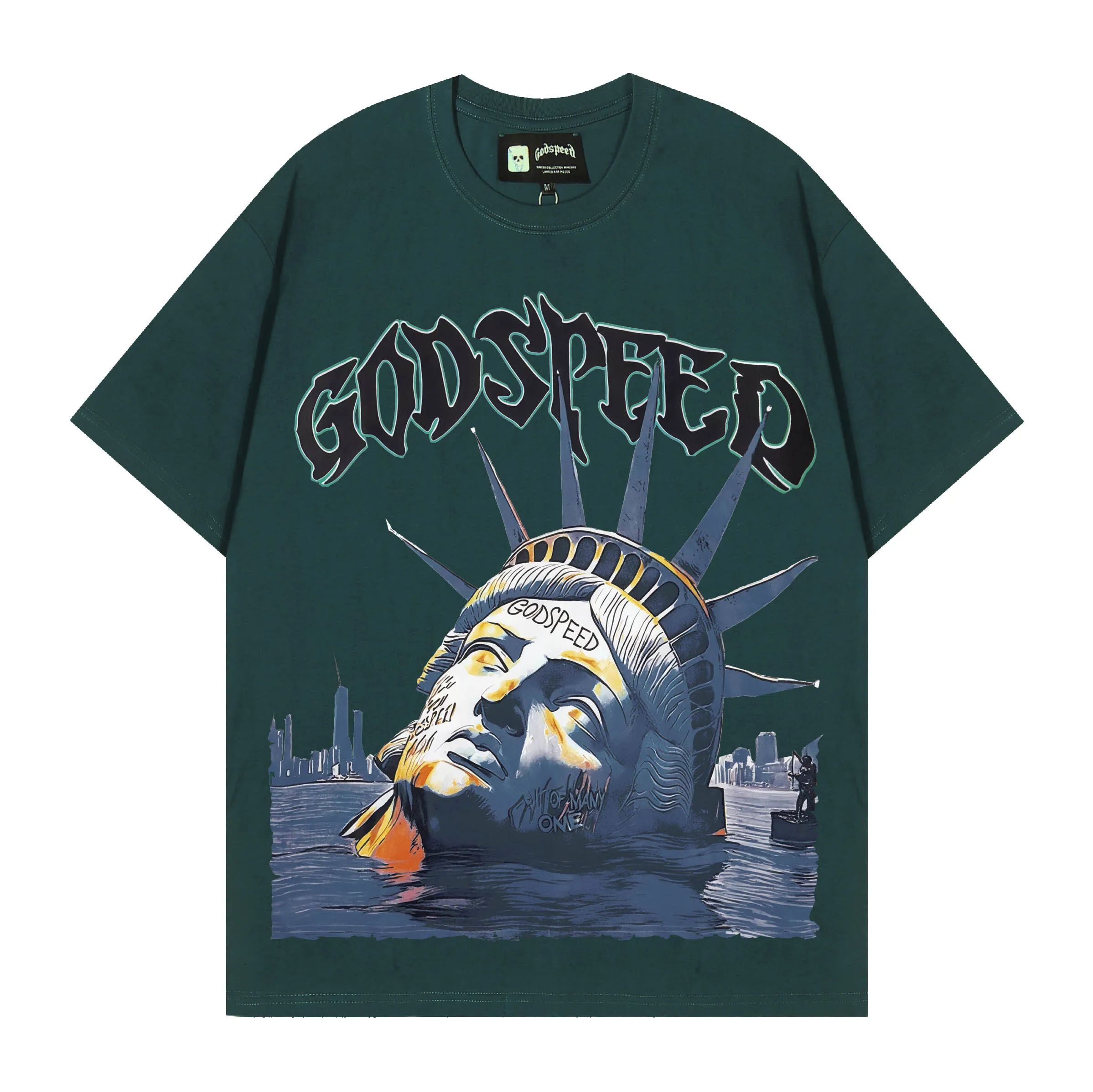 Godspeed American Trendy Brand Freedom Statue Head Print INS High Street Hip Hop Rock Loose Pure Cotton Short Sleeve T-Shirt