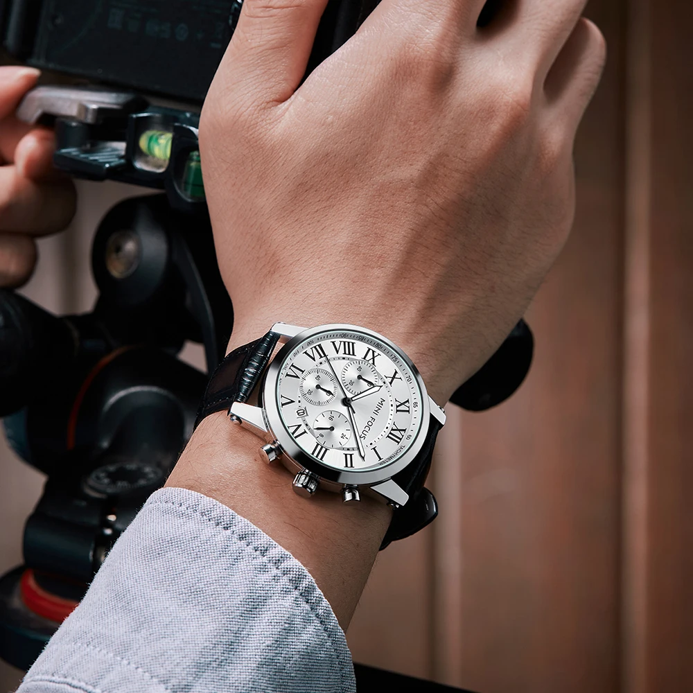 Mini foco 0415 marca moda relógios de quartzo para o homem luminoso à prova dwaterproof água calendário pulseira couro casual esportes masculino relógio pulso