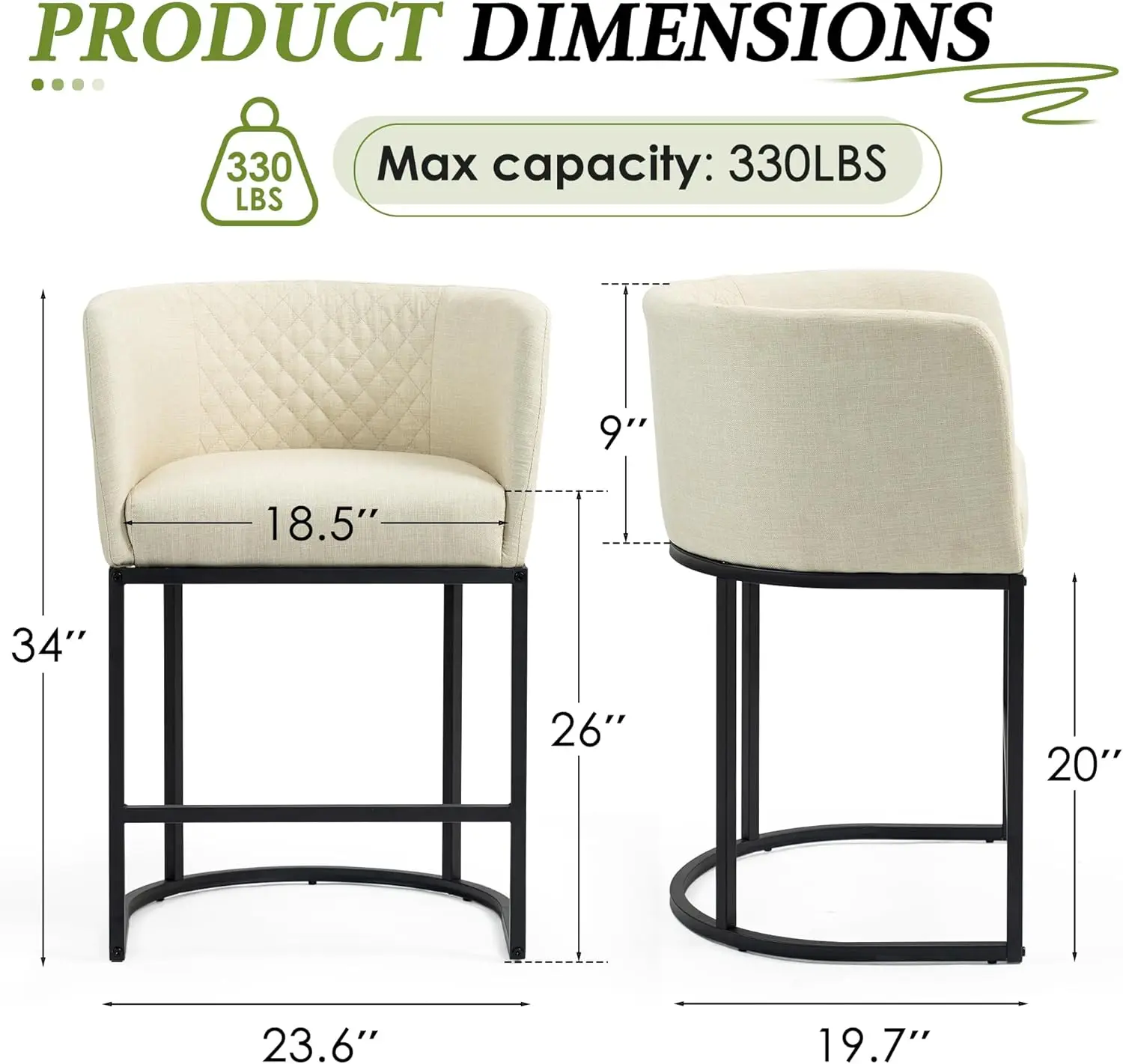 Ecotouge 26"" Modern Bar Stools Set Of 3, Barrel Counter Stools With Curved Back & Arms, Linen Fabric Upholstered Island Stools