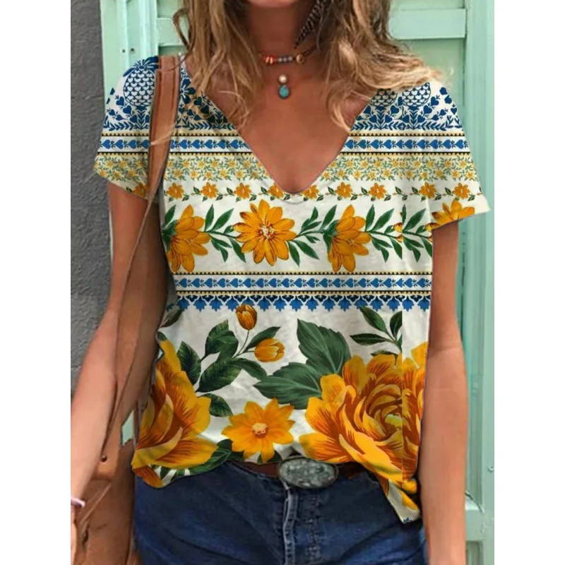 Ethnic Style Floral 3D Print T-Shirts Women V-Neck Short Sleeve T Shirt Streetwear Y2k Top Harajuku Oversized Tee Woman Clothing