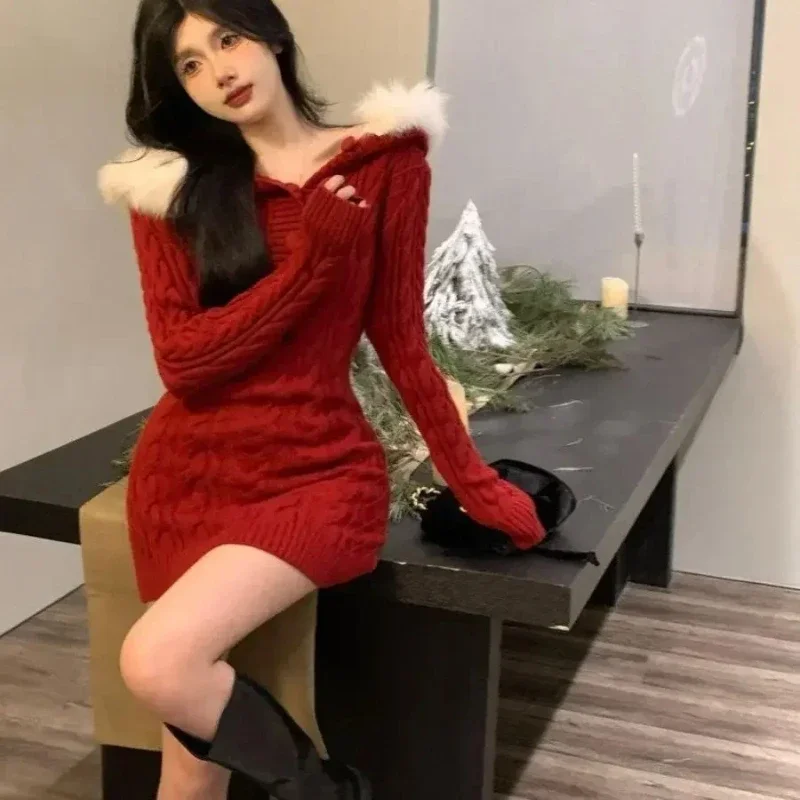 Red New In Female Knit Dress Autumn and Winter Elastic G Y2k Long Sleeve Women\'s Crochet Dresses Harajuku Sensual Sexy Designer