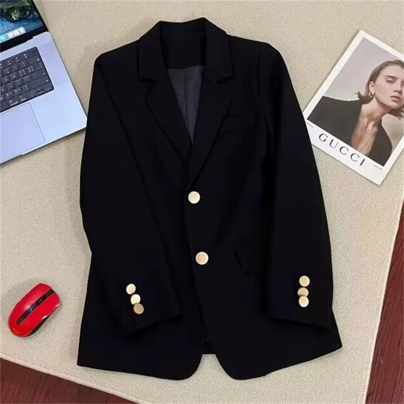 

2025 Women Long Sleeve Office Lady Blazers Autumn Winter Solid Casual Single Breasted Chic Notched Blazer Ladies Jackets Clothes