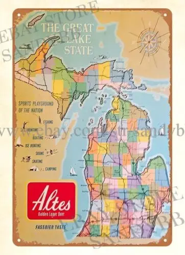 1e, ALTES BEER MAP SPORTS HUNTING FISHING BOATING Metall-Blechschild, dekoratives Blechschild