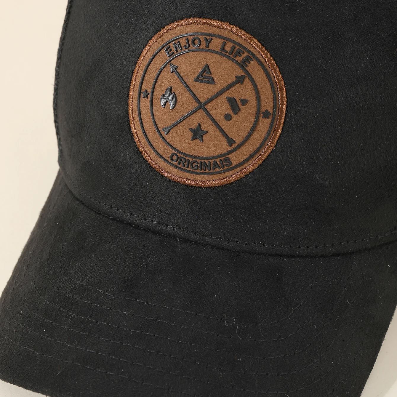 Retro-Baseballkappe aus Wildleder-Patchwork mit rundem Logo, atmungsaktiver Sommer-Sonnenhut aus Mesh, lässiger Sonnenschutzhut für den Außenbereich – Detail 14