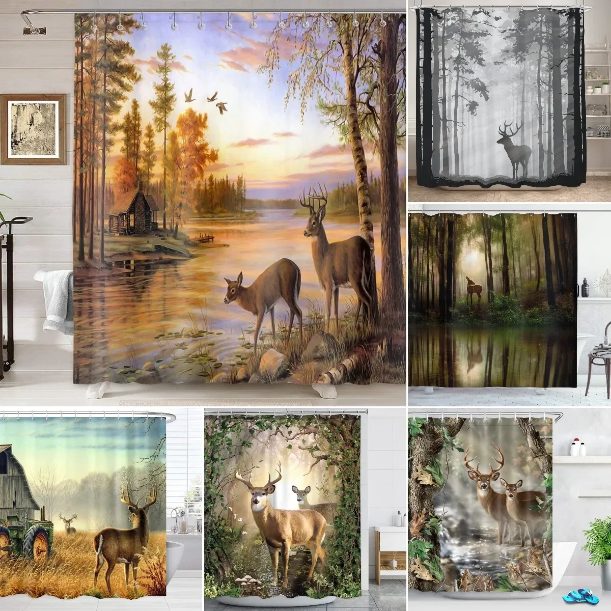 Elk Shower Curtain Animals Theme Deer Safair In Stream River At Forest Sunset Shower Curtain Fabric Bathroom Decor Curtains