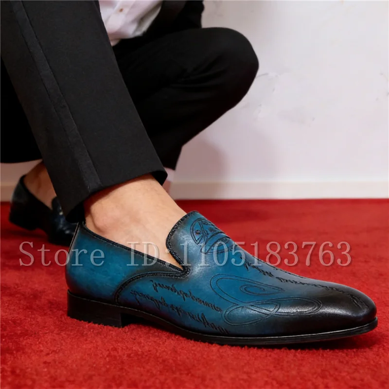 Luxury Hand Drawn Letter Embossed Men's Shoes Genuine Leather Business Formal Shoes Slip On Casual Loafers