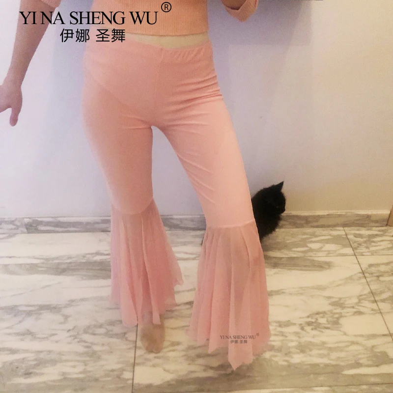 New Belly Dance Costumes Chiffon Belly Dance Pants for Women Belly Dance Bell Bottom Pants Oriental Dance Practice Mesh Trousers