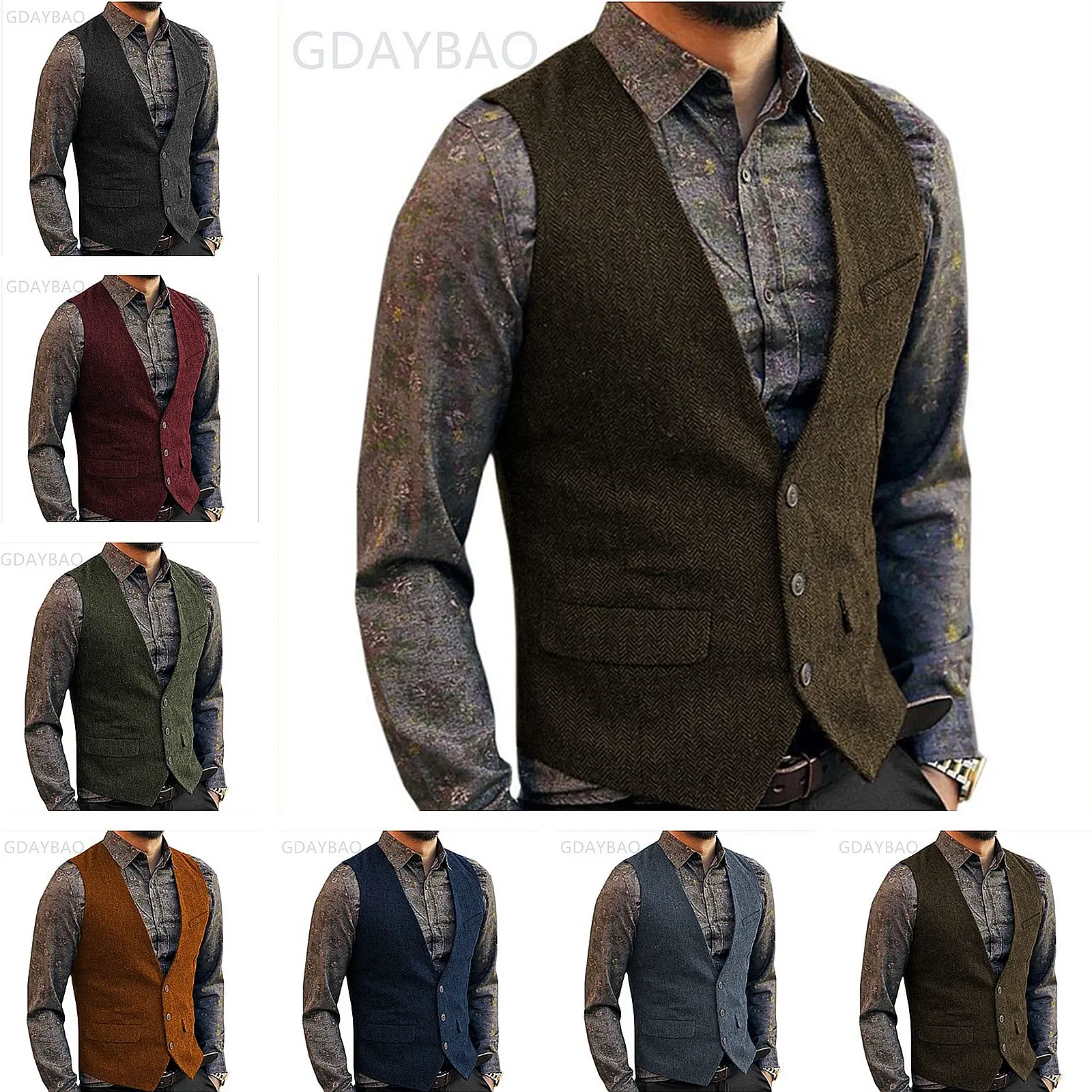 

Men's Formal Suit Vest V-Neck Tweed Herringbone Waistcoat Business Dress Suit Vests for WeddingA