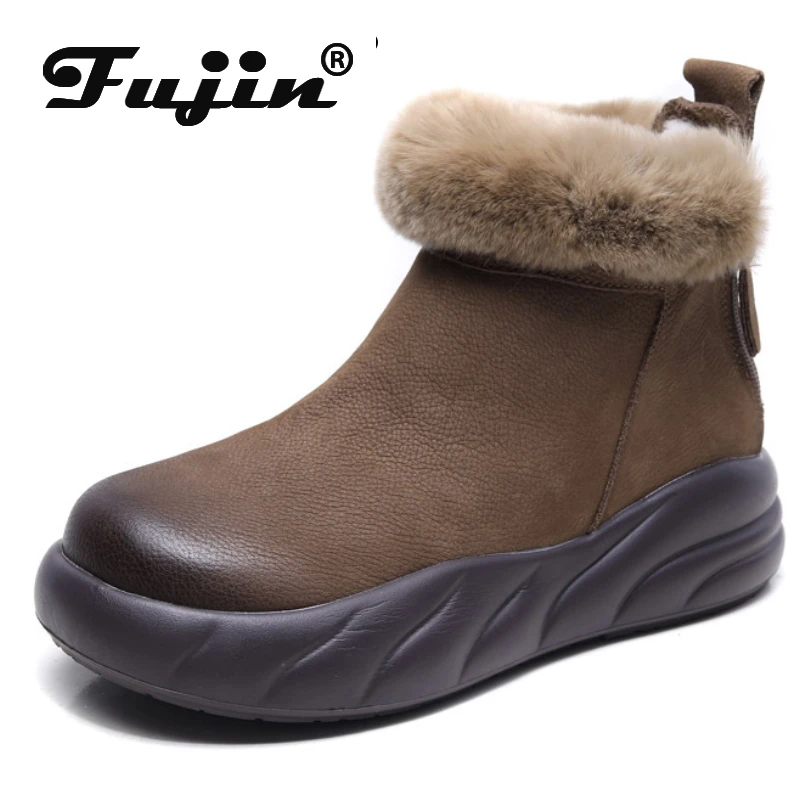 

Fujin 4.5cm Ankle Snow Boots Comfy Winter Shoes Suede Genuine Leather Natural Plush Warm Women Booties Ladies Platform Flats