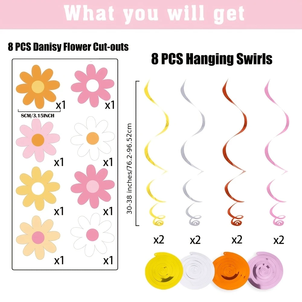 Set mit 16 rotierenden Gänseblümchen-Hängedekorationen – ideal für Boho-Hippie-Retro-Geburtstagsfeiern – Detail 6