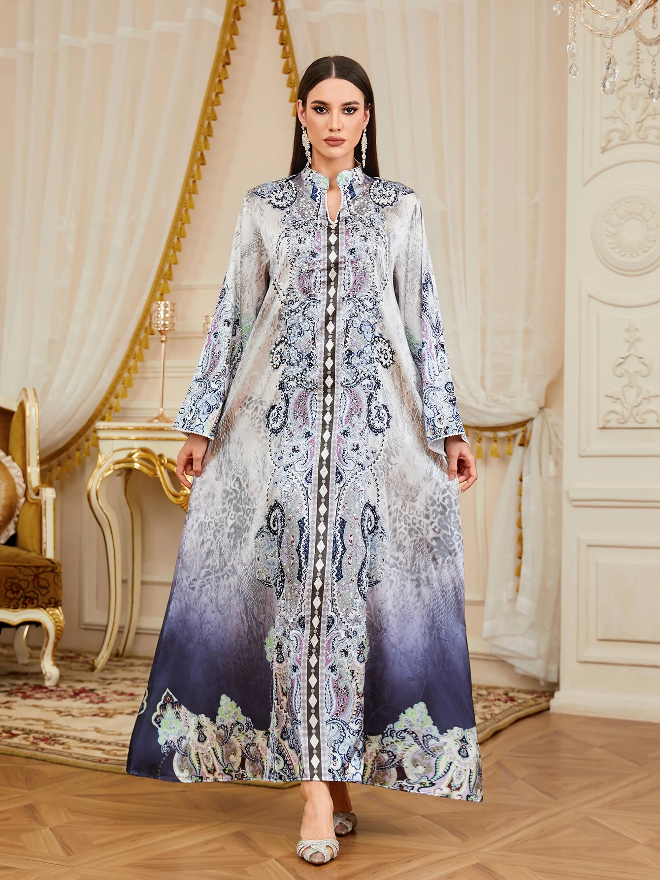 عباية عيد نسائية مطبوعة فساتين جلابية إسلامية حفلة رمضان رداء طويل عبايات لؤلؤ المغرب دبي قفطان عربي إسلام فيستدوس