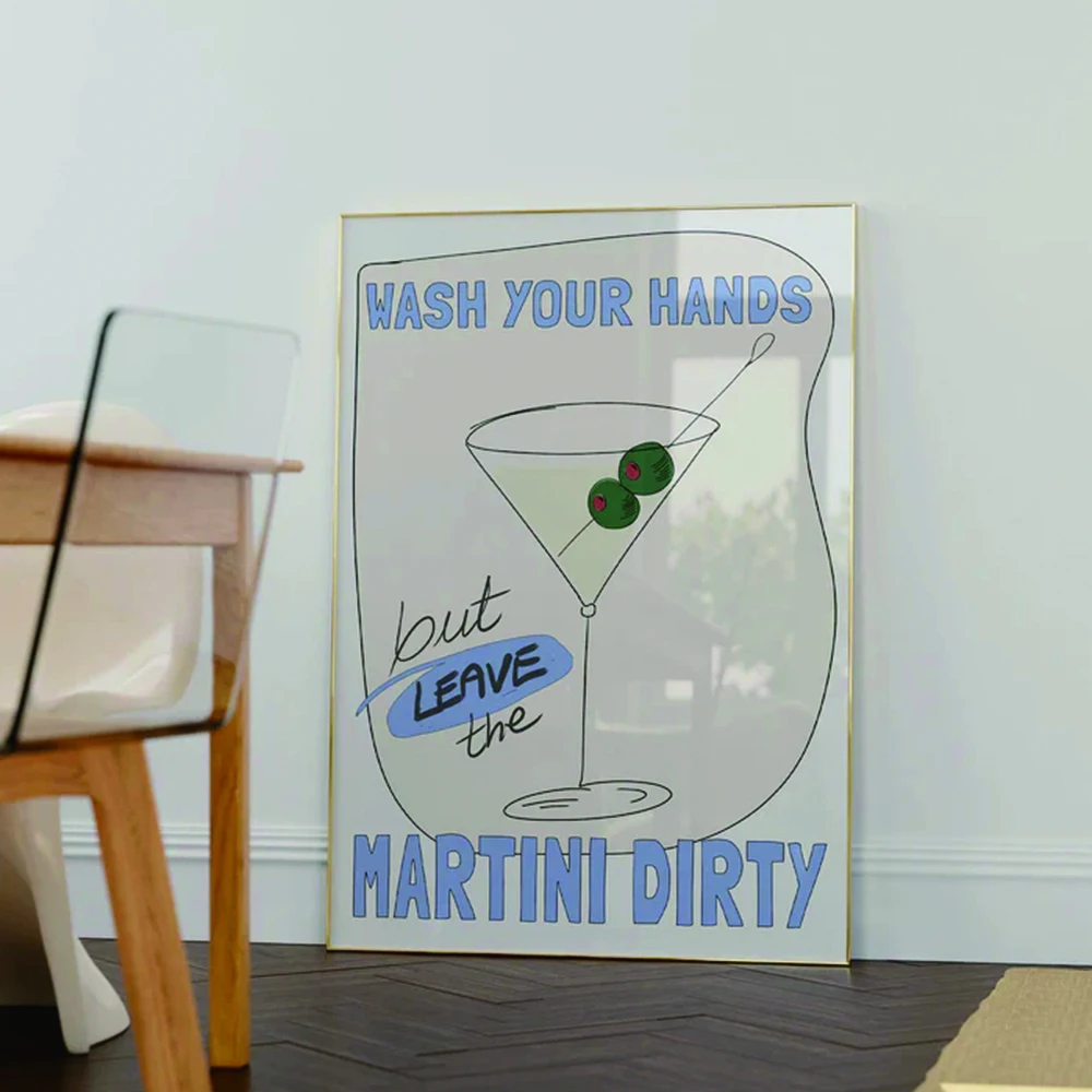 Modern Wash Your Hands Wall Art Print Cocktail Dirty Martini Cart Poster Painting Picture Living Room Kitchen For Home Decor