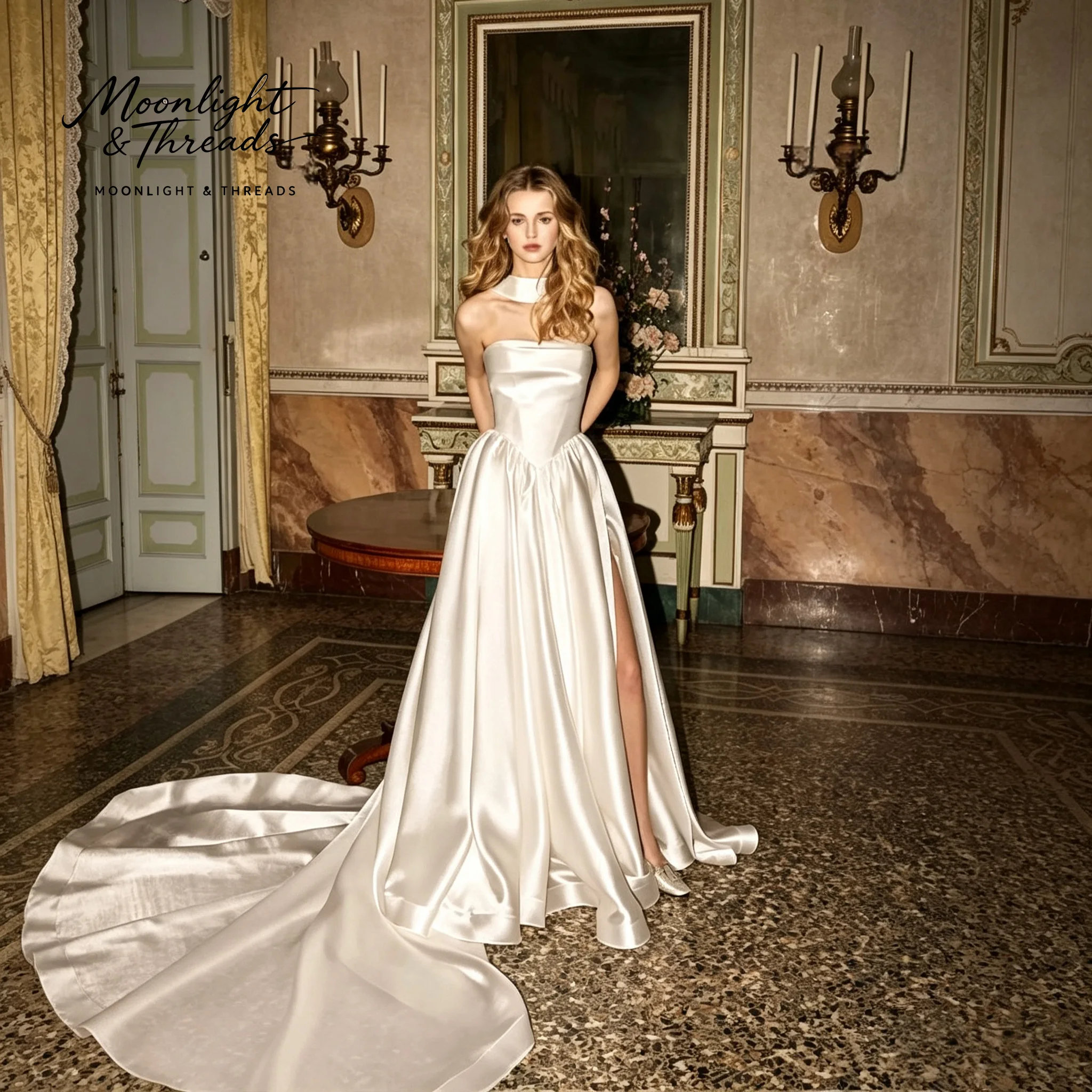Grace lvory white satin strapless sleeveless A-line floor-length formal wedding dress with a slit design view 2