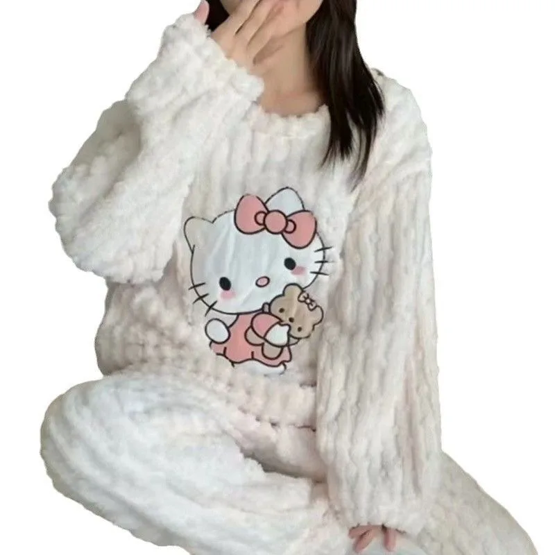 New Cartoon Hello Kitty Pajamas Cute Kawaii Sanrio Plus Velvet Home Winter Warm Tops and Pants Set Two-piece Pajamas Girl Gift