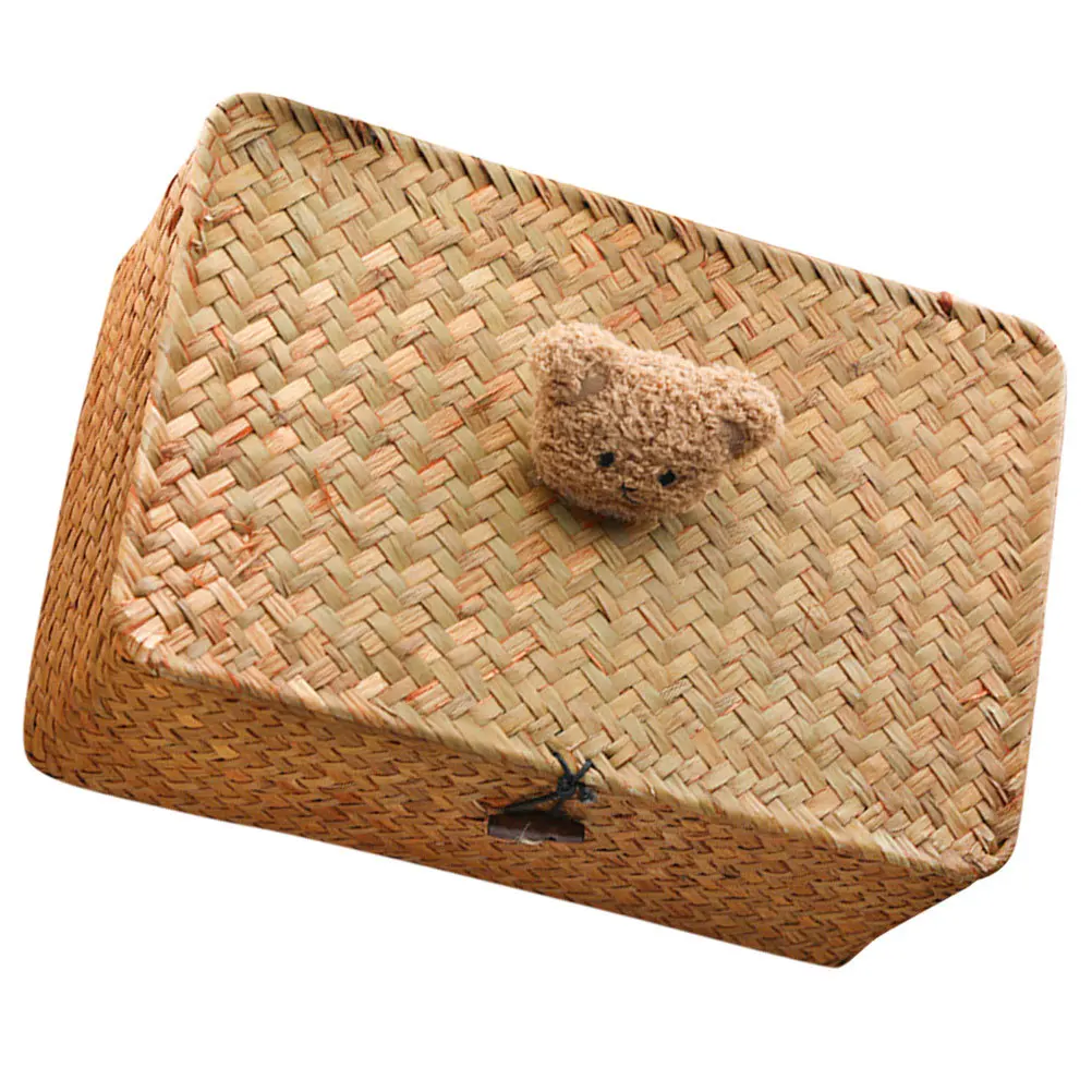 

Car Storage Box Bear Design Lidded Woven Basket For Car Interior Sundries Organizer Desktop Storage Bin Vehicle Trash Can