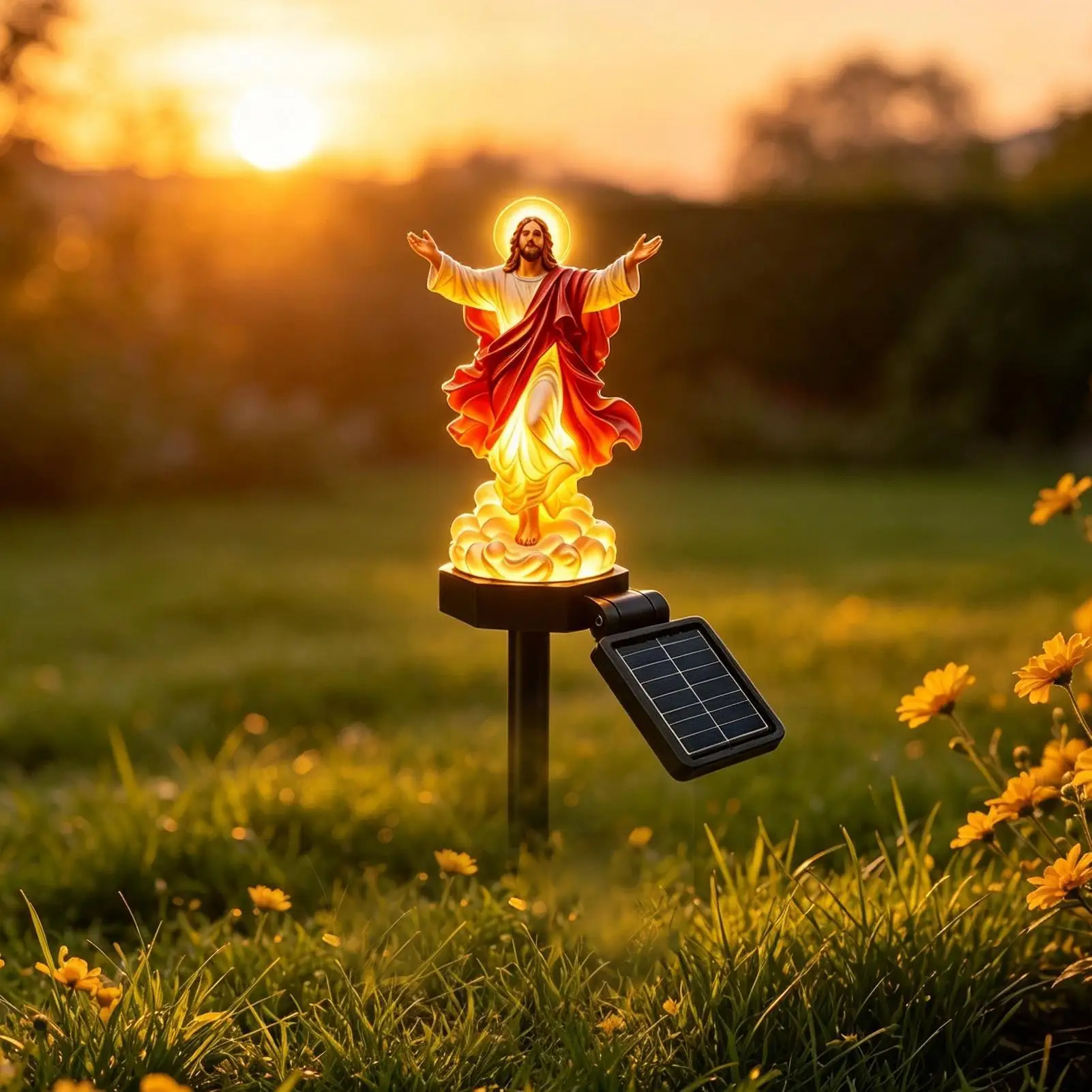 Solar Light Jesus Statue Resin LED Waterproof Sculpture with Stake Resin Christian Figurine with LED Light for Yard Patio Deck