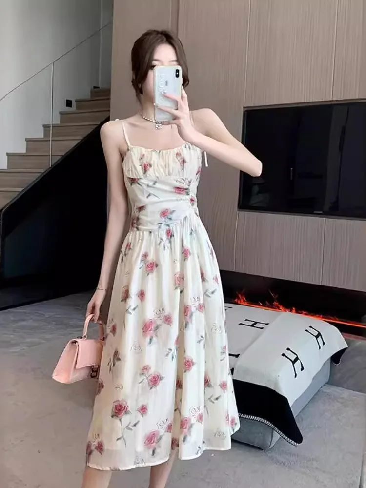 

Suspender dress spring and summer chiffon 2024 new women's clothing high-end feeling rose floral dopamine sweet dress W6A0