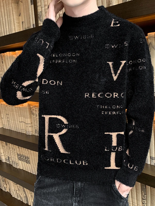 

Thiened f-High Collar Knitted Sweater for Men Letter Print Warm Base Layer Pullover Youthful Sle Polyester Fiber Winte...