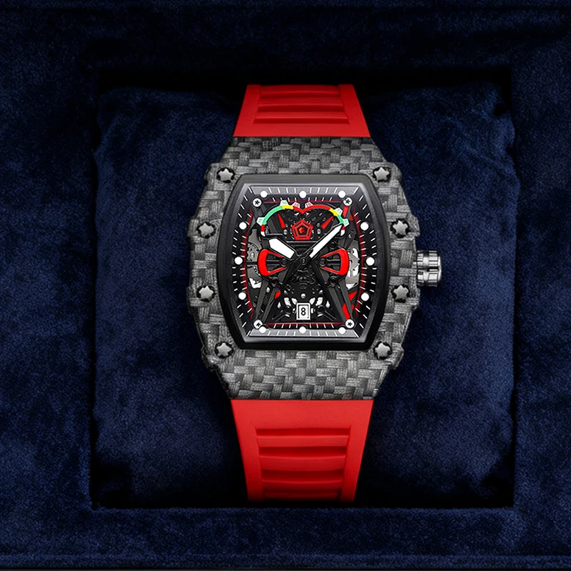 

Мужские черные и красные кварцевые часы в спортивном стиле с ярким календарем и резиновым ремешком в форме бочонка