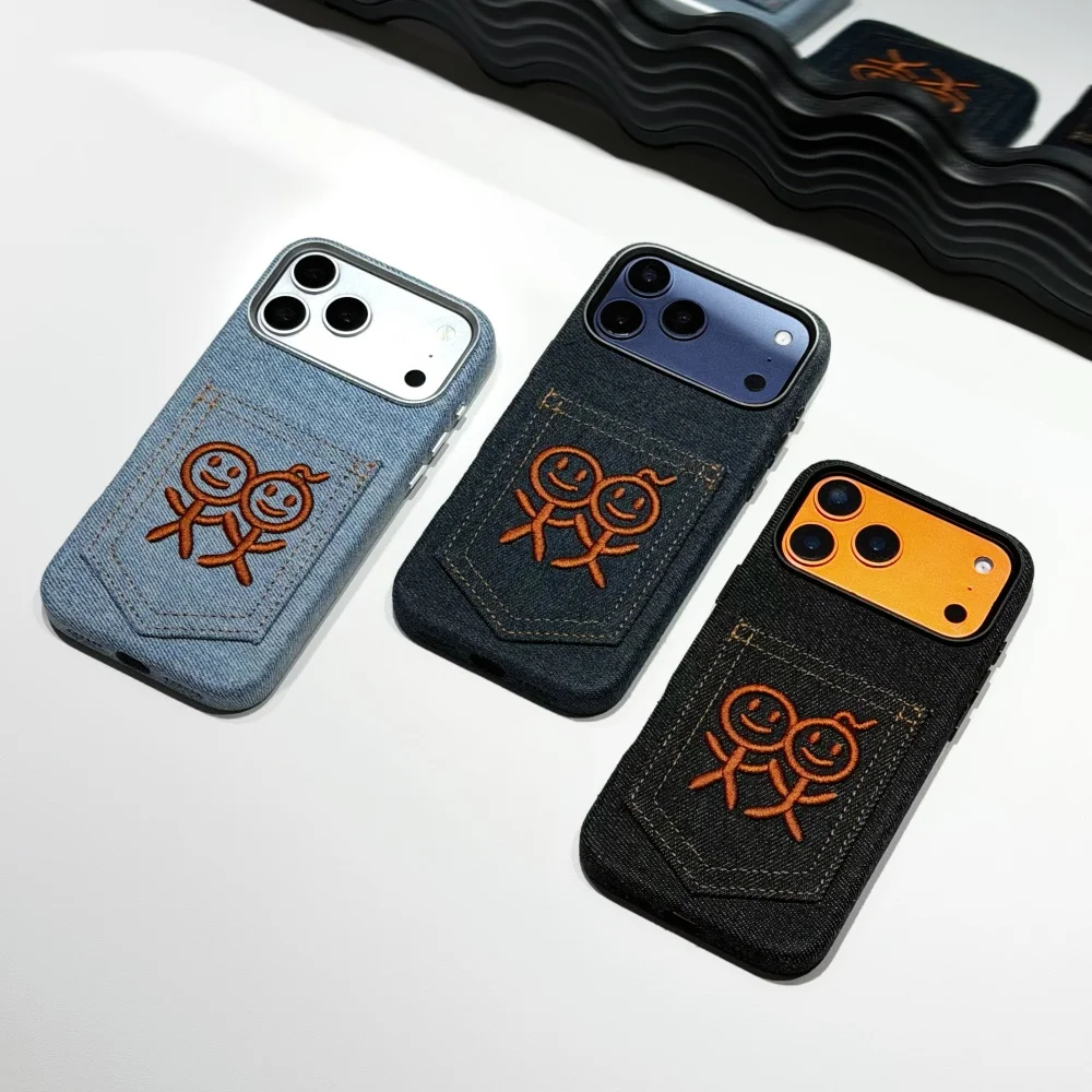 luxury Denim Fabric Embroidery Phone Case for iPhone 17 16 18 Pro Max Cute Stickman‌ Card Pocket Design Hard Protective Cover