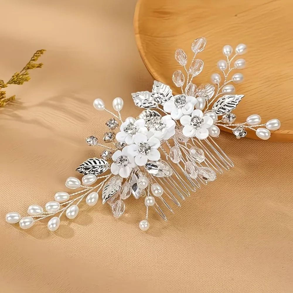 1 piece of silver wire handmade white flower side hair comb, romantic style, suitable for bridal wedding ceremony and dinner