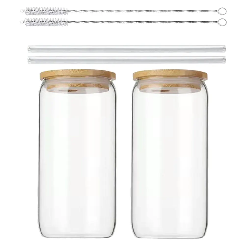 

2 Sets Glass Can Cups Transparent Cup Lids Straws Brush for Coffee Tea Juice Beverages Home Cafe Use