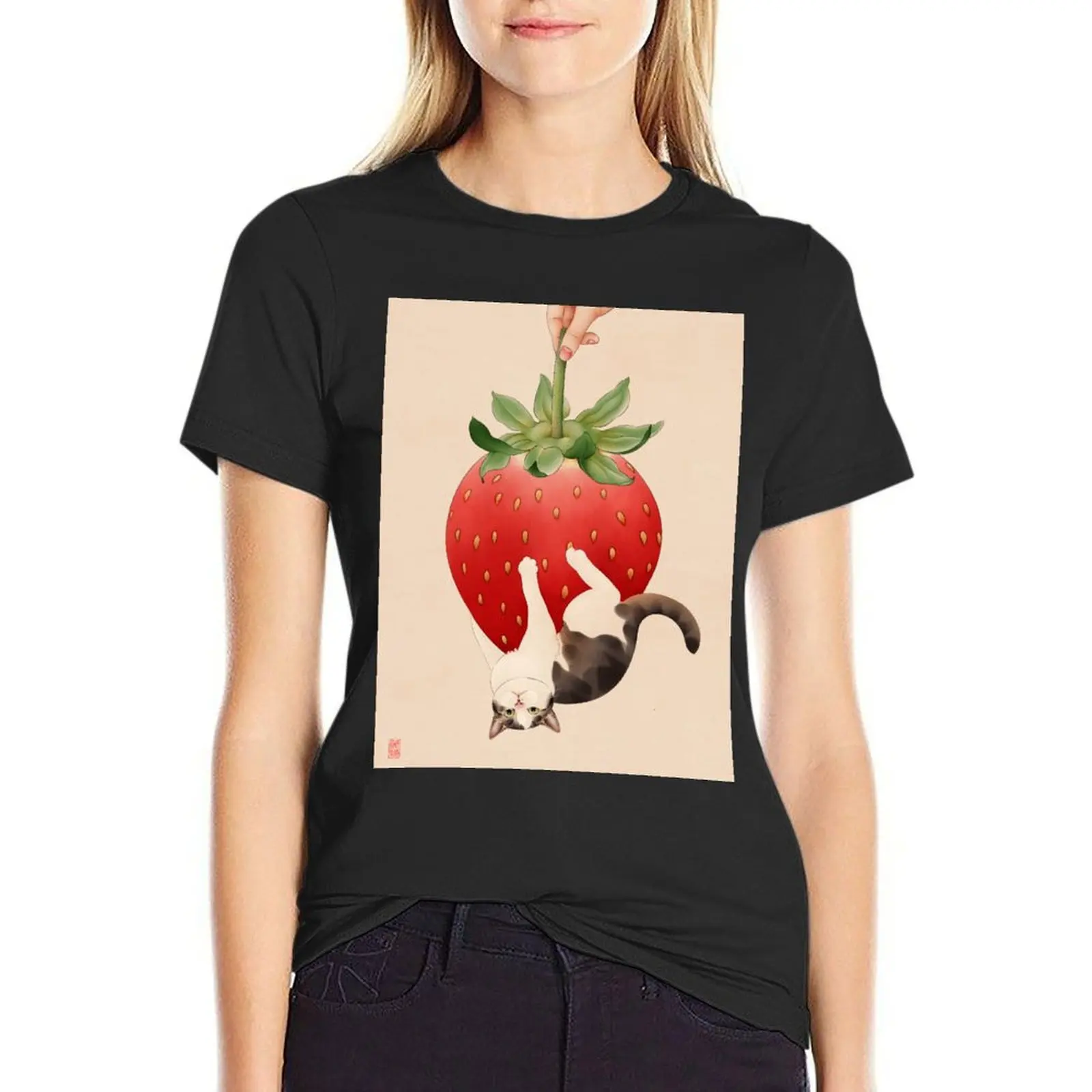 Cat Hanging Under Strawberry T-Shirt oversized tops plain t shirts for Women