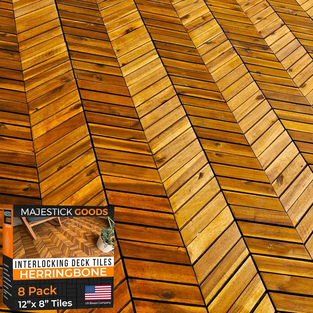 

Interlocking Deck Tiles 12 x 8 Herringbone 6 Sq Ft - Non-Slip Acacia Wood Outdoor Tiles for Patio - Decking, Porch and Balcony F