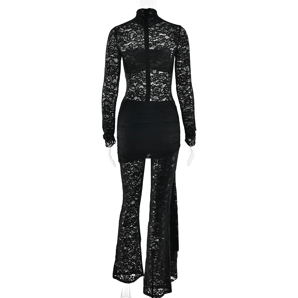 Women Sexy Patchwork Ribbon See Through Mesh Flare Jumpsuits O Neck Long Sleeve Ruched Booty Lifting Slim Club Party Overalls
